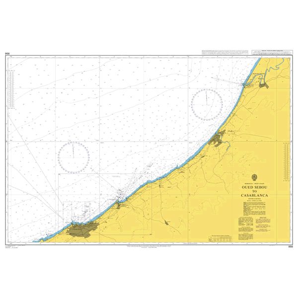 Product image of Admiralty Chart 856 | Oued Sebou to Casablanca, featuring navigational markings, depth soundings, and coastal features, essential for safe marine navigation. It could be displayed as an art piece or used for navigation on a boat or ship.