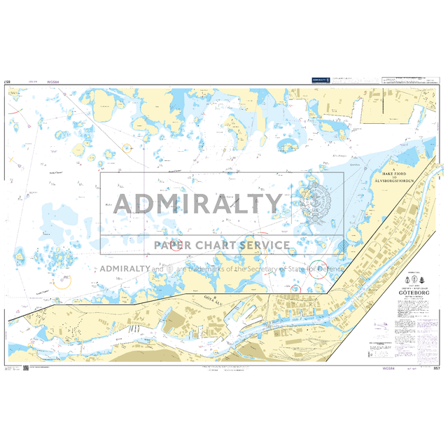 Product image of Admiralty Chart 857 | Goteborg, featuring navigational markings, depth soundings, and coastal features, essential for safe marine navigation. It could be displayed as an art piece or used for navigation on a boat or ship.