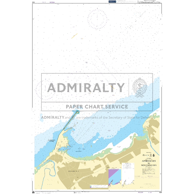 Product image of Admiralty Chart 859 | Approaches to Mohammedia, featuring navigational markings, depth soundings, and coastal features, essential for safe marine navigation. It could be displayed as an art piece or used for navigation on a boat or ship.