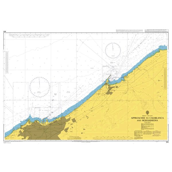 Product image of Admiralty Chart 860 | Approaches to Casablanca and Mohammedia, featuring navigational markings, depth soundings, and coastal features, essential for safe marine navigation. It could be displayed as an art piece or used for navigation on a boat or ship.