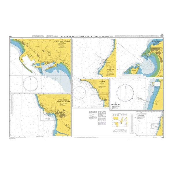 Product image of Admiralty Chart 863 | Plans on the North West Coast of Morocco, featuring navigational markings, depth soundings, and coastal features, essential for safe marine navigation. It could be displayed as an art piece or used for navigation on a boat or ship.