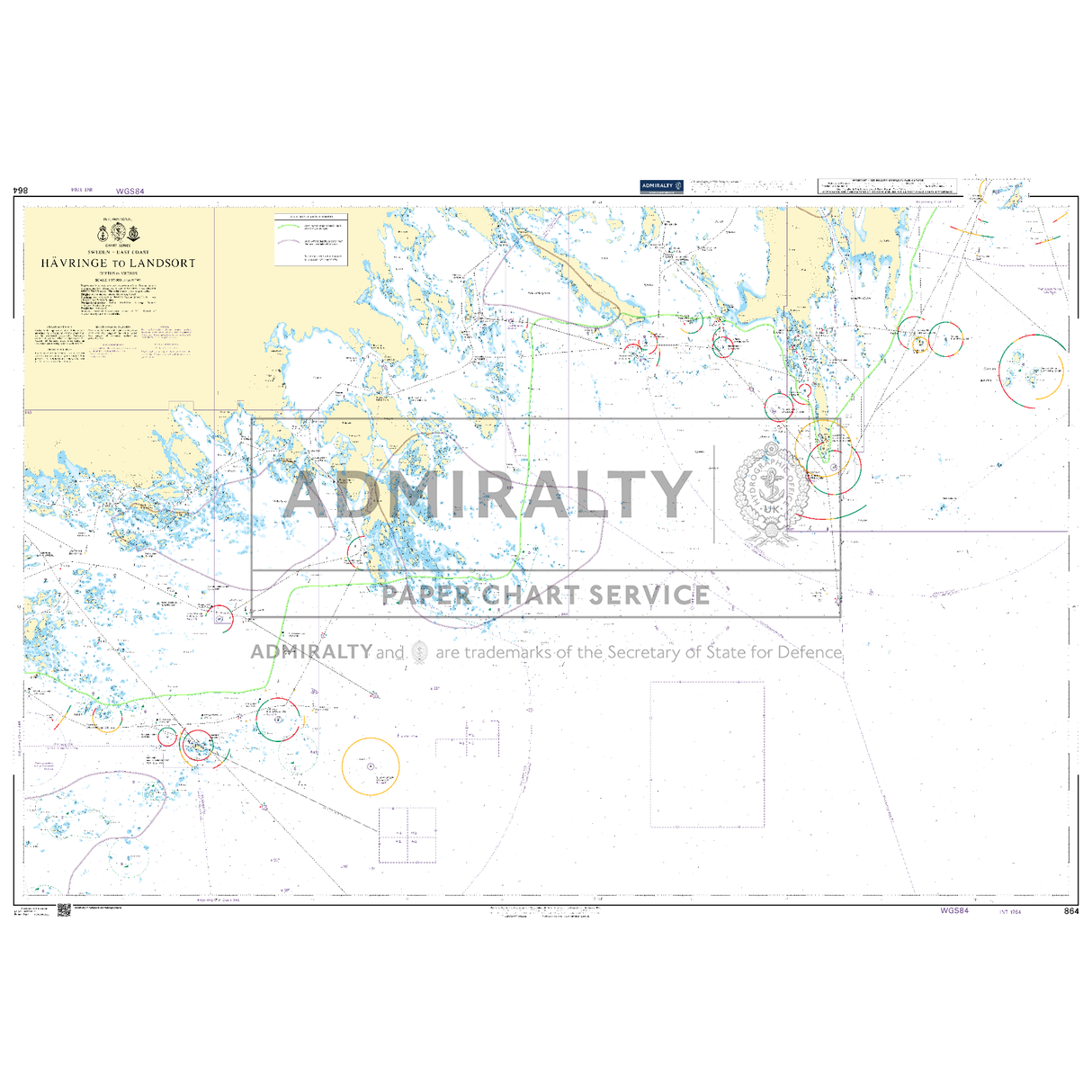 Product image of Admiralty Chart 864 | Havringe to Landsort, featuring navigational markings, depth soundings, and coastal features, essential for safe marine navigation. It could be displayed as an art piece or used for navigation on a boat or ship.