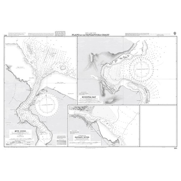 Product image of Admiralty Chart 865 | Plans on the Coast of Tanzania, featuring navigational markings, depth soundings, and coastal features, essential for safe marine navigation. It could be displayed as an art piece or used for navigation on a boat or ship.