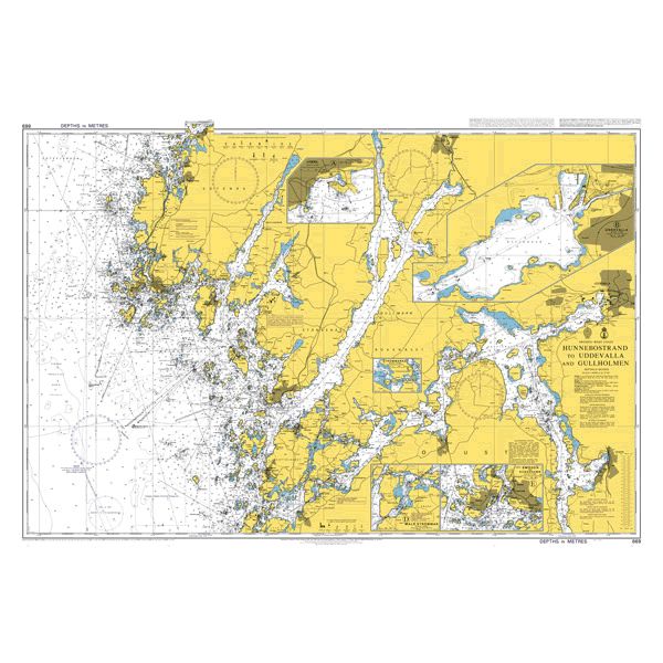 Product image of Admiralty Chart 869 | Hunnebostrand to Uddevalla and Gullholmen, featuring navigational markings, depth soundings, and coastal features, essential for safe marine navigation. It could be displayed as an art piece or used for navigation on a boat or ship.