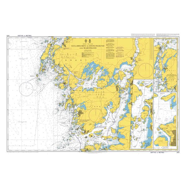 Product image of Admiralty Chart 870 | Gullholmen to Stenungsund and Marstrand, featuring navigational markings, depth soundings, and coastal features, essential for safe marine navigation. It could be displayed as an art piece or used for navigation on a boat or ship.