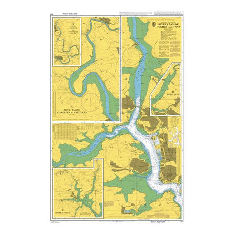 Product image of Admiralty Chart 871 | Rivers Tamar Lynher and Tavy, featuring navigational markings, depth soundings, and coastal features, essential for safe marine navigation. It could be displayed as an art piece or used for navigation on a boat or ship.