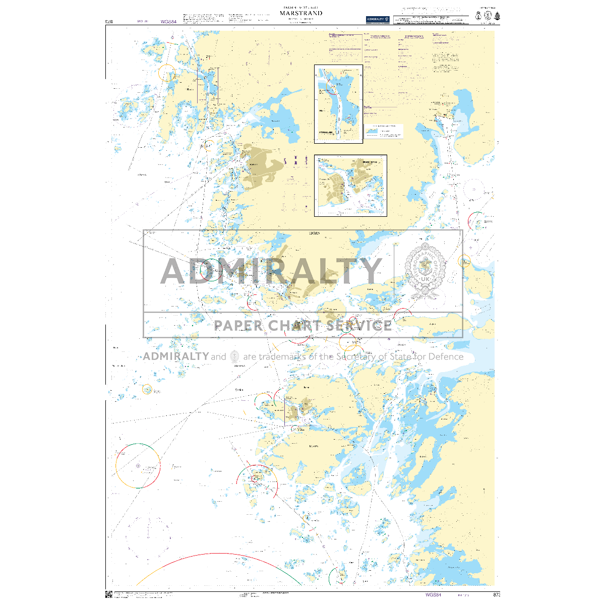 Product image of Admiralty Chart 873 | Marstrand, featuring navigational markings, depth soundings, and coastal features, essential for safe marine navigation. It could be displayed as an art piece or used for navigation on a boat or ship.