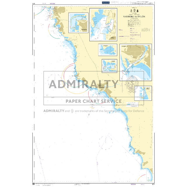 Product image of Admiralty Chart 874 | Varberg to Tylon, featuring navigational markings, depth soundings, and coastal features, essential for safe marine navigation. It could be displayed as an art piece or used for navigation on a boat or ship.