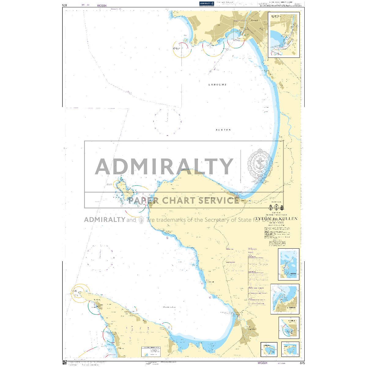 Product image of Admiralty Chart 875 | Tylon to Kullen, featuring navigational markings, depth soundings, and coastal features, essential for safe marine navigation. It could be displayed as an art piece or used for navigation on a boat or ship.