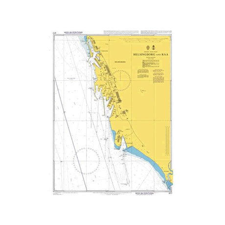 Product image of Admiralty Chart 877 | Helsingborg and Raa, featuring navigational markings, depth soundings, and coastal features, essential for safe marine navigation. It could be displayed as an art piece or used for navigation on a boat or ship.