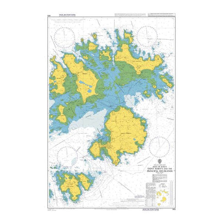 Product image of Admiralty Chart 883 | Isles of Scilly Saint Mary's and the Principal Off-Islands, featuring navigational markings, depth soundings, and coastal features, essential for safe marine navigation. It could be displayed as an art piece or used for navigation on a boat or ship.