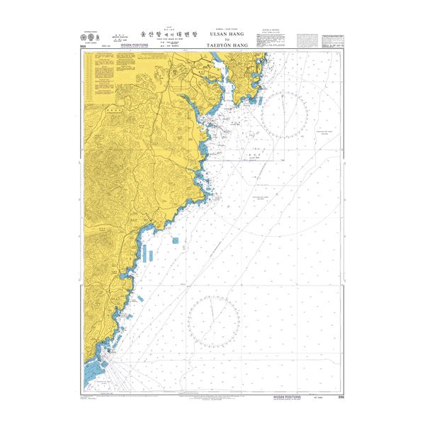 Product image of Admiralty Chart 896 | Ulsan Hang to Daebyeon Hang, featuring navigational markings, depth soundings, and coastal features, essential for safe marine navigation. It could be displayed as an art piece or used for navigation on a boat or ship.