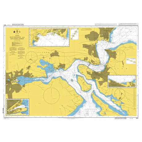 Product image of Admiralty Chart 900 | Snaevringen and Kolding Fjord, featuring navigational markings, depth soundings, and coastal features, essential for safe marine navigation. It could be displayed as an art piece or used for navigation on a boat or ship.