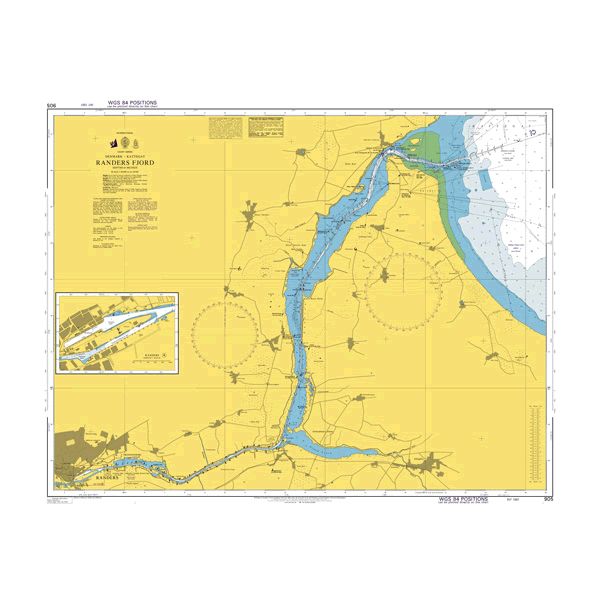 Product image of Admiralty Chart 905 | Randers Fjord, featuring navigational markings, depth soundings, and coastal features, essential for safe marine navigation. It could be displayed as an art piece or used for navigation on a boat or ship.