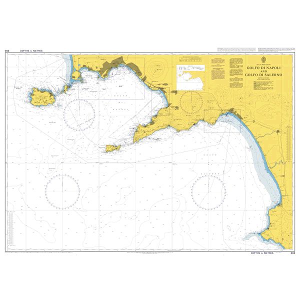 Product image of Admiralty Chart 908 | Golfo di Napoli and Golfo di Salerno, featuring navigational markings, depth soundings, and coastal features, essential for safe marine navigation. It could be displayed as an art piece or used for navigation on a boat or ship.