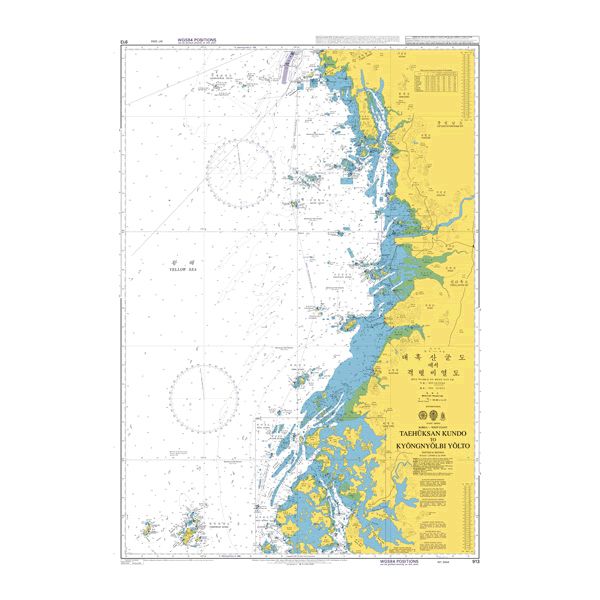 Product image of Admiralty Chart 913 | Daeheuksan Gundo to Gyeongnyeolbi Yeoldo, featuring navigational markings, depth soundings, and coastal features, essential for safe marine navigation. It could be displayed as an art piece or used for navigation on a boat or ship.