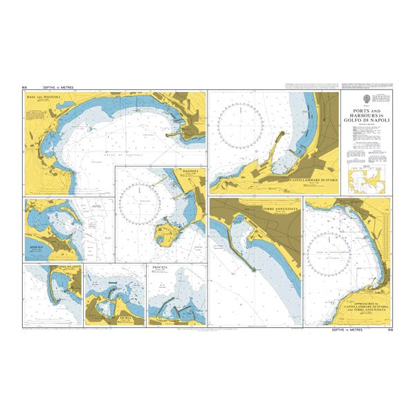 Product image of Admiralty Chart 916 | Ports and Harbours in Golfo di Napoli, featuring navigational markings, depth soundings, and coastal features, essential for safe marine navigation. It could be displayed as an art piece or used for navigation on a boat or ship.