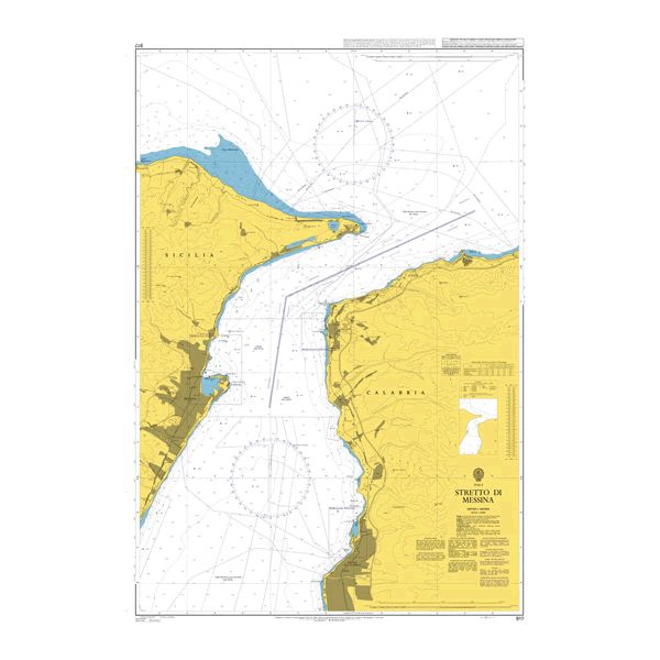 Product image of Admiralty Chart 917 | Stretto di Messina including Villa San Giovanni and Reggio di Calabria, featuring navigational markings, depth soundings, and coastal features, essential for safe marine navigation. It could be displayed as an art piece or used for navigation on a boat or ship.