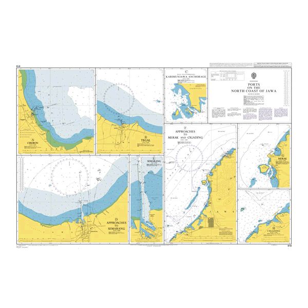 Product image of Admiralty Chart 918 | Ports on the North Coast of Jawa, featuring navigational markings, depth soundings, and coastal features, essential for safe marine navigation. It could be displayed as an art piece or used for navigation on a boat or ship.