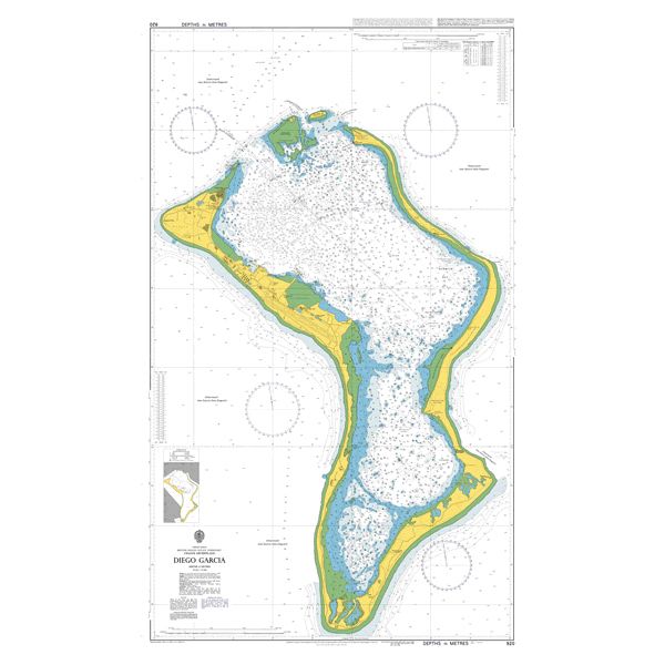 Product image of Admiralty Chart 920 | Diego Garcia, featuring navigational markings, depth soundings, and coastal features, essential for safe marine navigation. It could be displayed as an art piece or used for navigation on a boat or ship.