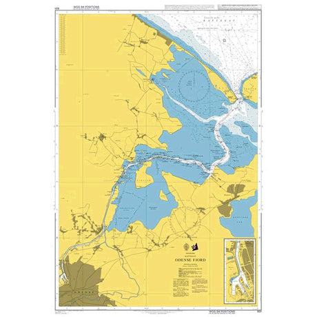 Product image of Admiralty Chart 931 | Odense Fjord, featuring navigational markings, depth soundings, and coastal features, essential for safe marine navigation. It could be displayed as an art piece or used for navigation on a boat or ship.