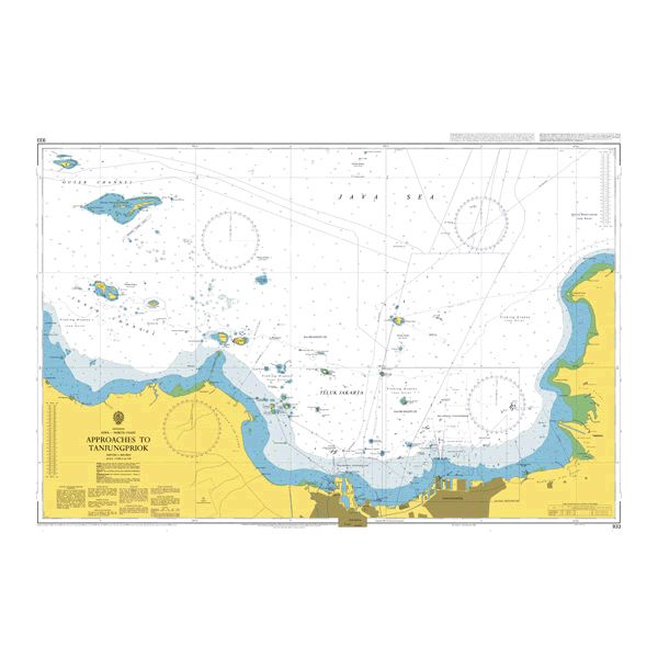 Product image of Admiralty Chart 933 | Approaches to Tanjung Priok, featuring navigational markings, depth soundings, and coastal features, essential for safe marine navigation. It could be displayed as an art piece or used for navigation on a boat or ship.