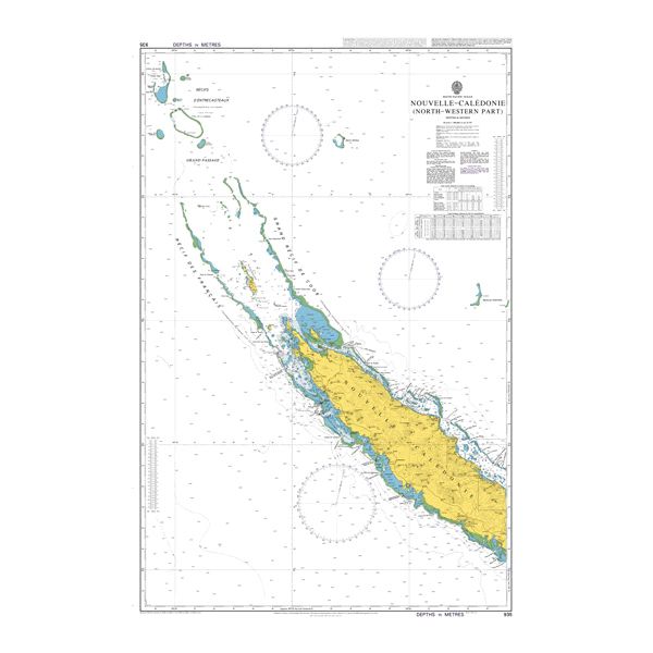 Product image of Admiralty Chart 935 | Nouvelle-Caledonie (North-western part), featuring navigational markings, depth soundings, and coastal features, essential for safe marine navigation. It could be displayed as an art piece or used for navigation on a boat or ship.