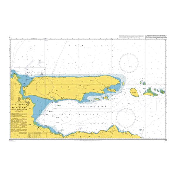 Product image of Admiralty Chart 945 | Selat Madura and Selat Sapudi including Madura, featuring navigational markings, depth soundings, and coastal features, essential for safe marine navigation. It could be displayed as an art piece or used for navigation on a boat or ship.