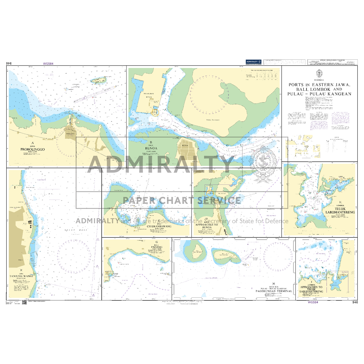 Product image of Admiralty Chart 946 | Ports in Eastern Jawa, Bali, Lombok and Pulau-Pulau Kangean, featuring navigational markings, depth soundings, and coastal features, essential for safe marine navigation. It could be displayed as an art piece or used for navigation on a boat or ship.