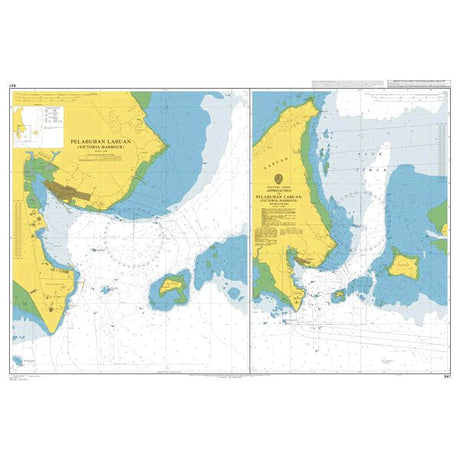 Product image of Admiralty Chart 947 | Approaches to Pelabuhan Labuan (Victoria Harbour), featuring navigational markings, depth soundings, and coastal features, essential for safe marine navigation. It could be displayed as an art piece or used for navigation on a boat or ship.