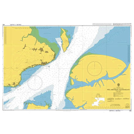 Product image of Admiralty Chart 950 | Pelabuhan Sandakan, featuring navigational markings, depth soundings, and coastal features, essential for safe marine navigation. It could be displayed as an art piece or used for navigation on a boat or ship.