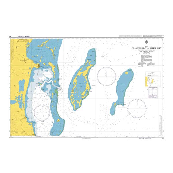 Product image of Admiralty Chart 959 | Colson Point to Belize City including Lighthouse Reef and Turneffe Islands, featuring navigational markings, depth soundings, and coastal features, essential for safe marine navigation. It could be displayed as an art piece or used for navigation on a boat or ship.