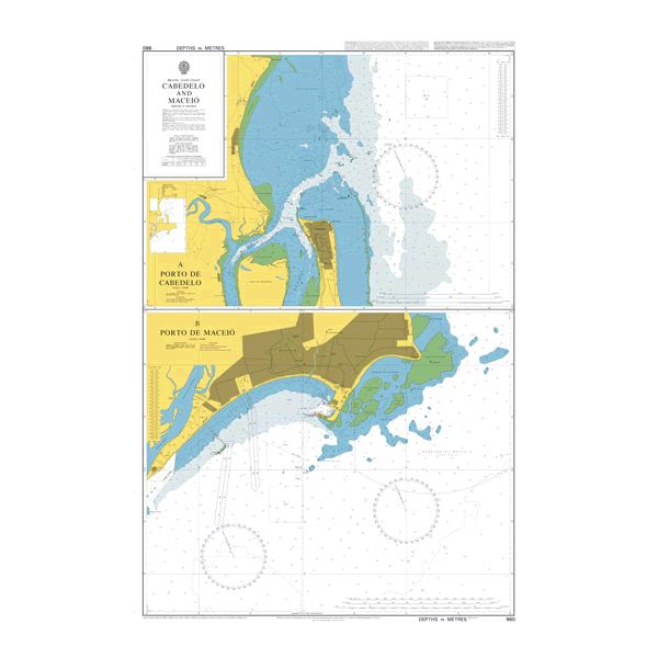 Product image of Admiralty Chart 960 | Cabedelo and Maceio, featuring navigational markings, depth soundings, and coastal features, essential for safe marine navigation. It could be displayed as an art piece or used for navigation on a boat or ship.