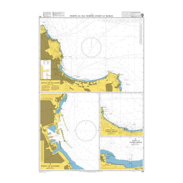 Product image of Admiralty Chart 963 | Ports on the North Coast of Sicilia, featuring navigational markings, depth soundings, and coastal features, essential for safe marine navigation. It could be displayed as an art piece or used for navigation on a boat or ship.