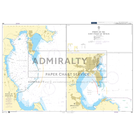 Product image of Admiralty Chart 966 | Ports on the East Coast of Sicilia, featuring navigational markings, depth soundings, and coastal features, essential for safe marine navigation. It could be displayed as an art piece or used for navigation on a boat or ship.