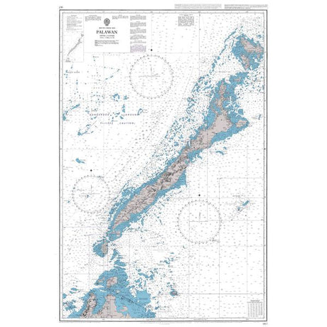 Product image of Admiralty Chart 967 | Palawan, featuring navigational markings, depth soundings, and coastal features, essential for safe marine navigation. It could be displayed as an art piece or used for navigation on a boat or ship.