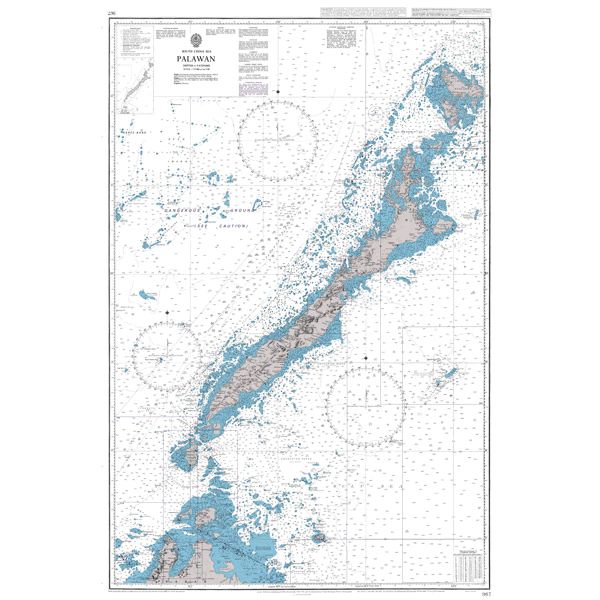 Product image of Admiralty Chart 967 | Palawan, featuring navigational markings, depth soundings, and coastal features, essential for safe marine navigation. It could be displayed as an art piece or used for navigation on a boat or ship.