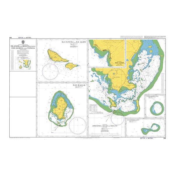 Product image of Admiralty Chart 968 | Islands and Reefs between Fiji, Samoa and Tonga, featuring navigational markings, depth soundings, and coastal features, essential for safe marine navigation. It could be displayed as an art piece or used for navigation on a boat or ship.