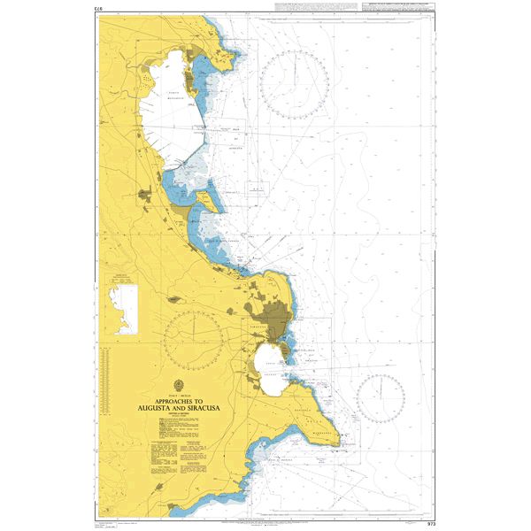 Product image of Admiralty Chart 973 | Approaches to Augusta and Siracusa, featuring navigational markings, depth soundings, and coastal features, essential for safe marine navigation. It could be displayed as an art piece or used for navigation on a boat or ship.