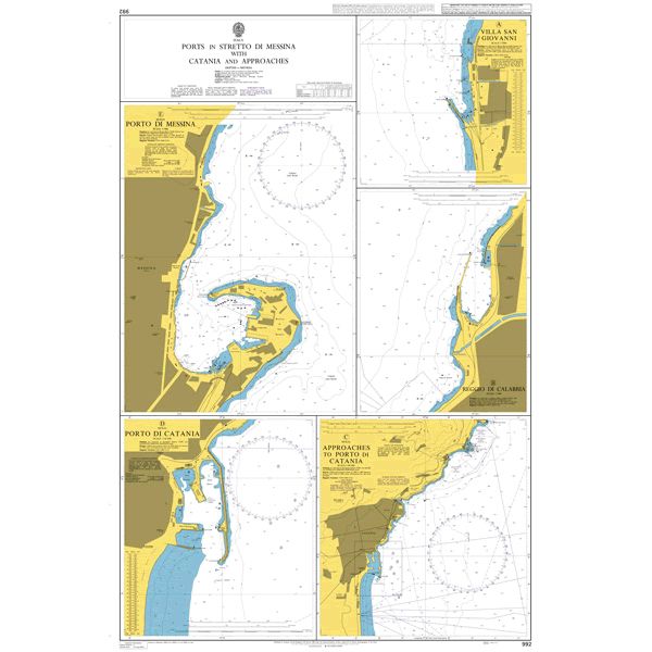 Product image of Admiralty Chart 994 | Catania and Approaches including Messina, featuring navigational markings, depth soundings, and coastal features, essential for safe marine navigation. It could be displayed as an art piece or used for navigation on a boat or ship.