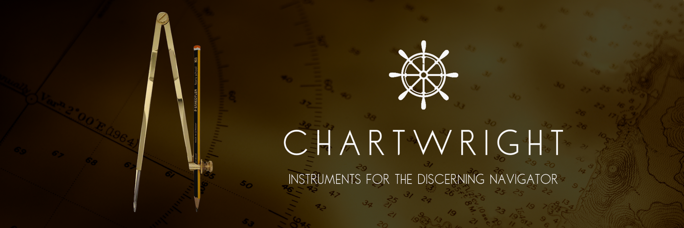 A sepia-toned image featuring a golden pair of calipers on the left and a ship wheel icon on the right. The text reads "CHARTWRIGHT" and "Instruments for the discerning navigator," set against a map background.