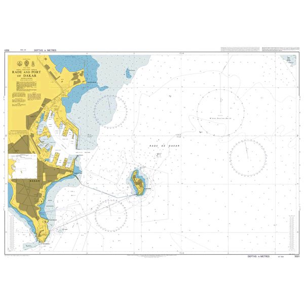 Product image of Admiralty Chart 1001 | Dakar Port And Roadstead, featuring navigational markings, depth soundings, and coastal features, essential for safe marine navigation. It could be displayed as an art piece or used for navigation on a boat or ship.