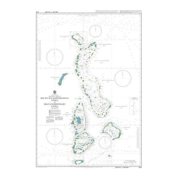 Product image of Admiralty Chart 1014 | Maalhosmadulu Atholhu Dhekunuburi to Ihavandhippolhu Atholhu, featuring navigational markings, depth soundings, and coastal features, essential for safe marine navigation. It could be displayed as an art piece or used for navigation on a boat or ship.