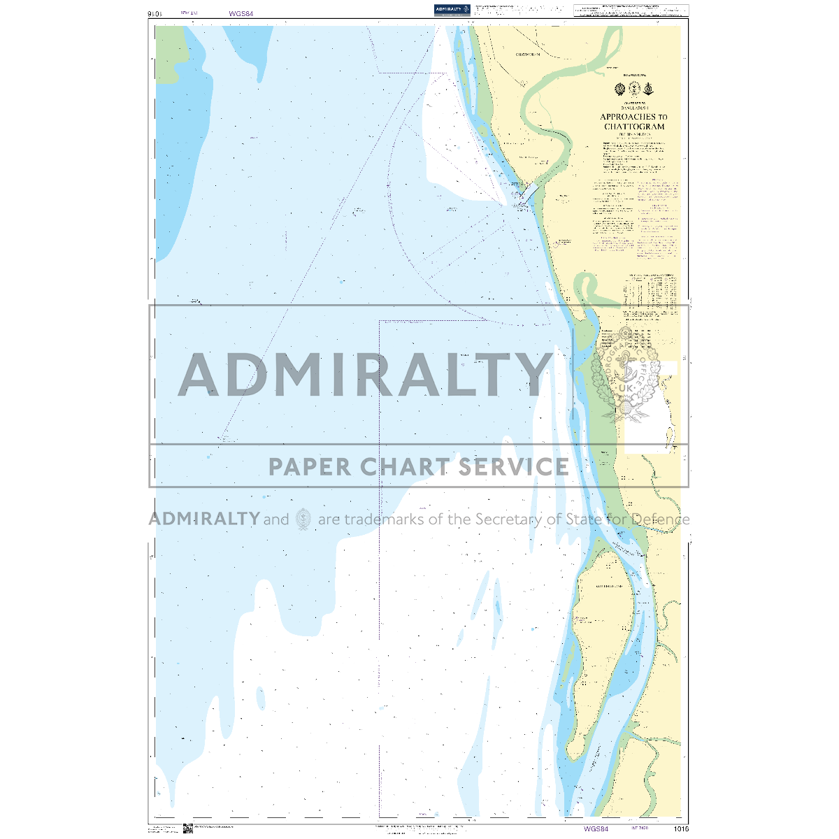 Product image of Admiralty Chart 1016 | Approaches to Chattogram, featuring navigational markings, depth soundings, and coastal features, essential for safe marine navigation. It could be displayed as an art piece or used for navigation on a boat or ship.