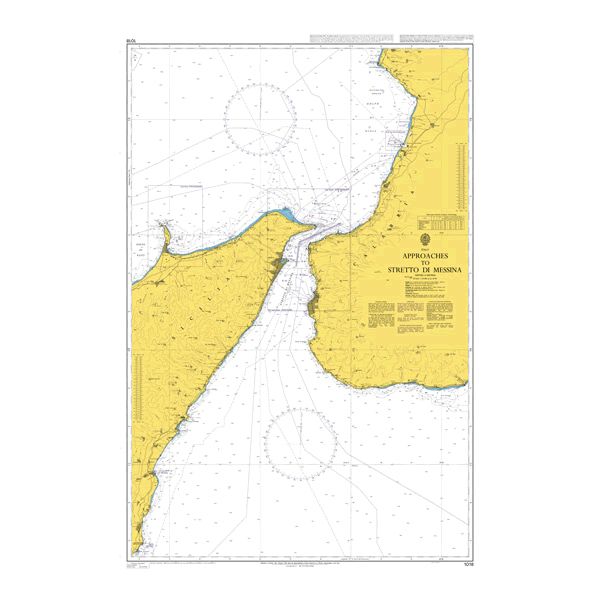 Product image of Admiralty Chart 1018 | Approaches to Stretto di Messina, featuring navigational markings, depth soundings, and coastal features, essential for safe marine navigation. It could be displayed as an art piece or used for navigation on a boat or ship.