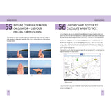 The book "101 Tips for Stress-Free Sailing" by Adlard Coles presents a navigation course excerpt in two sections. Section 55 covers how to use finger measurements for course alteration, featuring images of hands positioned at different angles—an essential sailing tip for nautical journeys. Section 56 focuses on chart plotting for tacking, providing a marine map enhanced with illustrative icons and text.