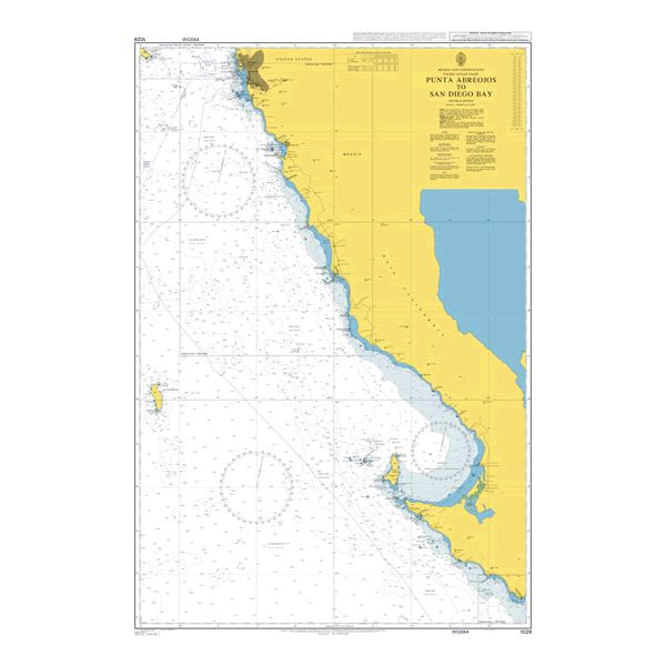 Product image of Admiralty Chart 1029 | Punta Abreojos to San Diego Bay, featuring navigational markings, depth soundings, and coastal features, essential for safe marine navigation. It could be displayed as an art piece or used for navigation on a boat or ship.