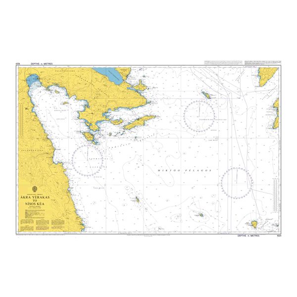 Product image of Admiralty Chart 1031 | Akra Gerakas to Nisos Kea, featuring navigational markings, depth soundings, and coastal features, essential for safe marine navigation. It could be displayed as an art piece or used for navigation on a boat or ship.