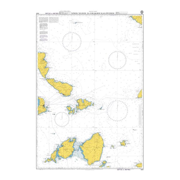 Product image of Admiralty Chart 1041 | Nisos Naxos to Vrachoi Kalogeroi, featuring navigational markings, depth soundings, and coastal features, essential for safe marine navigation. It could be displayed as an art piece or used for navigation on a boat or ship.