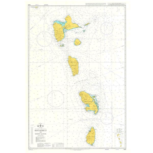 Product image of Admiralty Chart 1042 | Montserrat to Saint Lucia, featuring navigational markings, depth soundings, and coastal features, essential for safe marine navigation. It could be displayed as an art piece or used for navigation on a boat or ship.